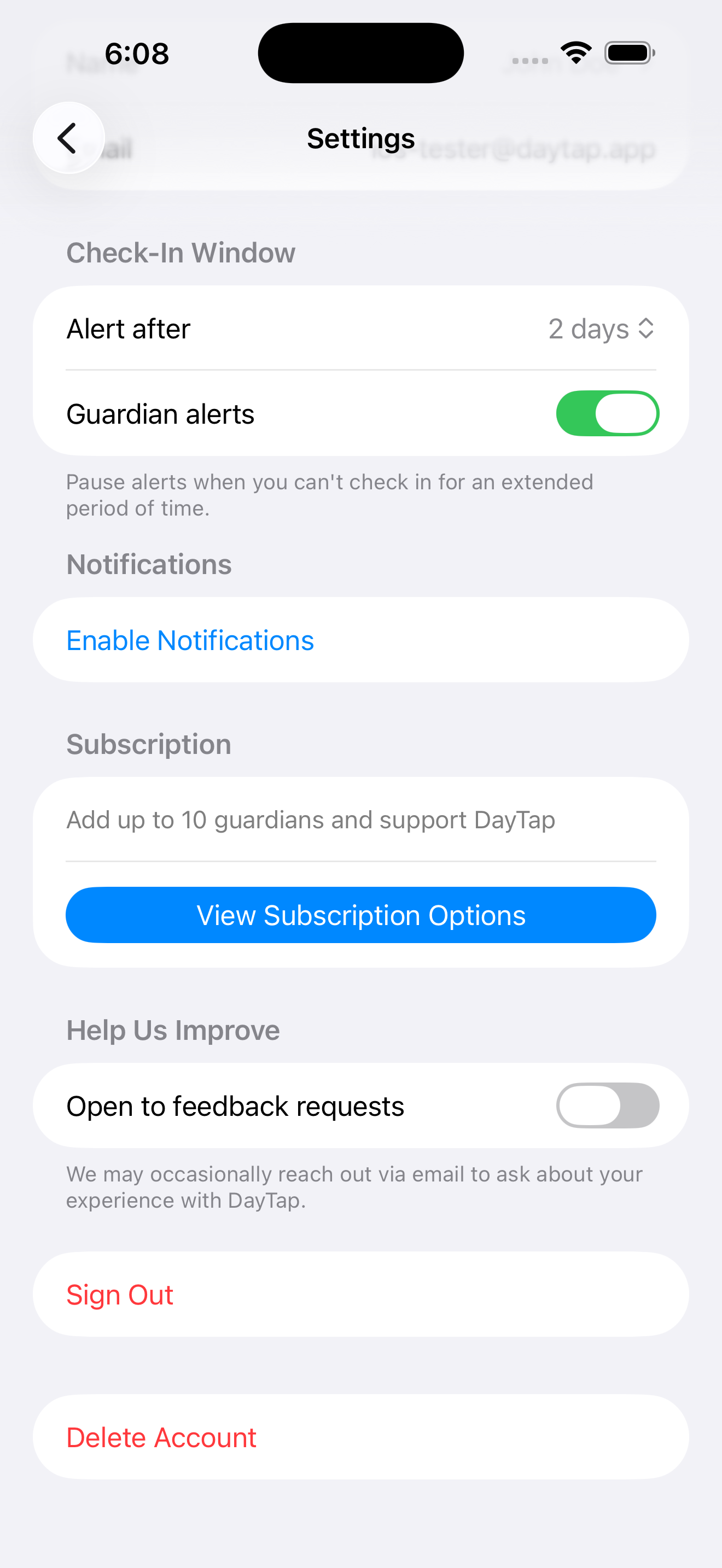 DayTap iOS Settings screen showing the Delete Account button at the bottom
