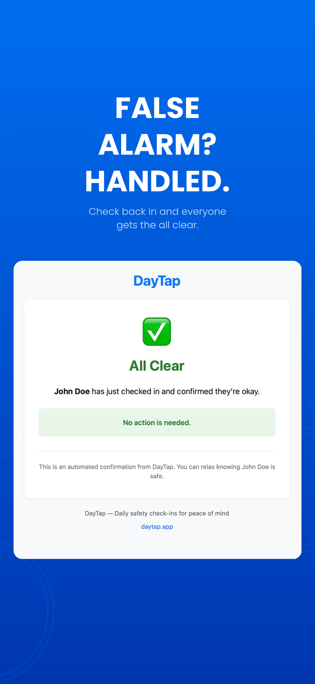 All clear email sent to contacts when you check back in